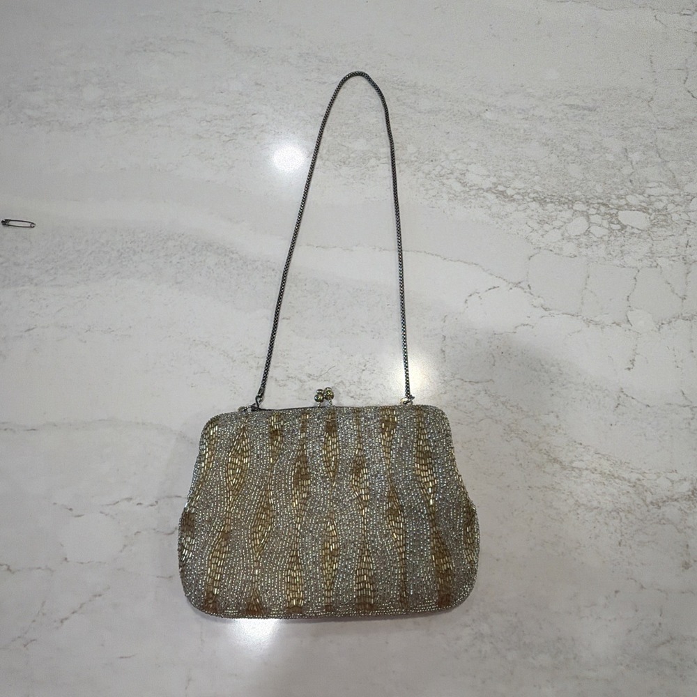 Vintage Delill Beaded Evening Bag Seed Bead Purse Silver &Gold Detachable Chain - Picture 12 of 16